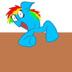 Size: 1280x1280 | Tagged: safe, artist:dhoniredfire, imported from derpibooru, rainbow dash, pony, 1000 hours in ms paint, laughing, open mouth, satire, solo, stylistic suck, table