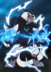 Size: 1000x1414 | Tagged: safe, artist:zetikoopa, imported from derpibooru, storm king, yeti, my little pony: the movie, antagonist, armor, beast, bipedal, claws, cloud, crown, electricity, evil grin, fangs, grin, horns, jewelry, lightning, looking at you, regalia, smiling, solo, storm king's emblem