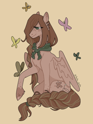 Size: 752x1000 | Tagged: safe, artist:cirsium, imported from derpibooru, oc, oc only, oc:butterfly (slasher_wife), butterfly, pegasus, pony, braid, brown mane, brown tail, markings, simple background, sitting, smiling, solo, tail