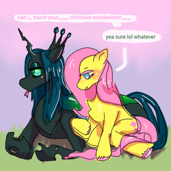 Size: 1280x1280 | Tagged: safe, artist:mossybranch, imported from derpibooru, fluttershy, queen chrysalis, changeling, changeling queen, pegasus, pony, chrysashy, duo, duo female, female, heart, heart eyes, leaning, lesbian, lying down, prone, shipping, shy, text, tongue out, wingding eyes