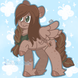 Size: 1000x1000 | Tagged: safe, artist:sm0l_b0i_kevin, imported from derpibooru, oc, oc only, oc:butterfly (slasher_wife), butterfly, pegasus, pony, abstract background, blue background, brown mane, green eyes, raised hoof, simple background, solo, wings