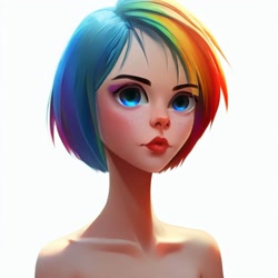 Size: 1000x1000 | Tagged: safe, imported from derpibooru, rainbow dash, human, ai content, ai generated, backlighting, bare shoulders, bust, eyeshadow, generator:stable diffusion, humanized, lipstick, long neck, looking at you, makeup, multicolored hair, rainbow hair, short hair, simple background, solo, white background, woman, wrong eye color