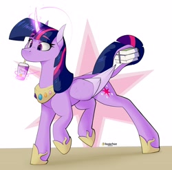 Size: 3680x3640 | Tagged: safe, artist:renderpoint, imported from derpibooru, twilight sparkle, alicorn, pony, alternate design, book, colored, colored wings, concave belly, cup, curved horn, cute, date (time), drink, drinking, female, folded wings, glowing, glowing horn, high res, hoof shoes, horn, leonine tail, looking forward, magic, mare, peytral, prehensile tail, princess shoes, raised hoof, raised leg, shading, signature, slim, solo, straw, tail, tail hold, telekinesis, thin, twiabetes, twilight sparkle (alicorn), two toned wings, wings