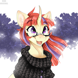 Size: 552x552 | Tagged: safe, artist:kidaoriginal, imported from derpibooru, moondancer, pony, unicorn, adorkable, bust, clothes, curved horn, cute, dancerbetes, dork, ear fluff, female, glasses, horn, mare, open mouth, open smile, portrait, simple background, smiling, solo, sternocleidomastoid, sweater, taped glasses, three quarter view, white background