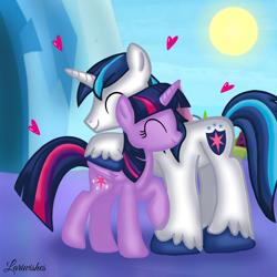 Size: 1400x1400 | Tagged: safe, artist:mlplary6, imported from derpibooru, shining armor, twilight sparkle, alicorn, pony, unicorn, crystal empire, eyes closed, female, heart, hug, male, mare, sibling love, siblings, smiling, sparkle siblings, stallion, sun, twilight sparkle (alicorn)