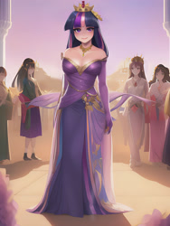 Size: 2040x2720 | Tagged: safe, imported from derpibooru, twilight sparkle, human, ai content, ai generated, background human, breasts, busty twilight sparkle, cleavage, clothes, crown, dress, female, full body, generator:novelai, generator:stable diffusion, gloves, humanized, jewelry, long sleeves, looking at you, necklace, prompter:sammykun, reasonably sized breasts, regalia, solo focus, standing, uni dream ai