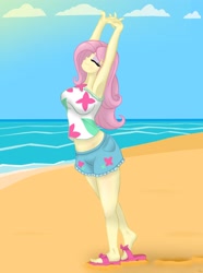 Size: 2784x3736 | Tagged: safe, artist:lennondash, imported from derpibooru, fluttershy, equestria girls, equestria girls series, spring breakdown, spoiler:eqg series (season 2), armpits, beach, breasts, busty fluttershy, eyes closed, feet, female, footprint, geode of fauna, heel pop, magical geodes, midriff, ocean, sandals, solo, stretching, sunbathing, water