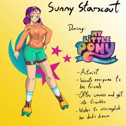 Size: 1080x1080 | Tagged: safe, artist:jackudoggy, imported from derpibooru, sunny starscout, human, breasts, busty sunny starscout, clothes, female, g5, gradient background, headcanon, humanized, my little pony: a new generation, roller skates, shorts, skates, solo, sweatshirt