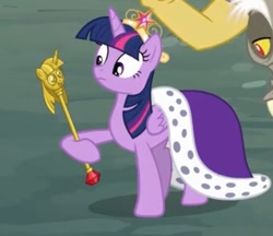 Size: 638x550 | Tagged: safe, imported from derpibooru, screencap, discord, twilight sparkle, alicorn, pony, princess twilight sparkle (episode), big crown thingy, clothes, cropped, crown, element of magic, jewelry, meme origin, regalia, robe, royalty, scepter, twilight scepter, twilight sparkle (alicorn)