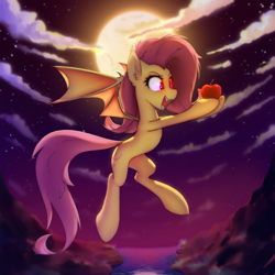 Size: 3000x3000 | Tagged: safe, artist:o0o-bittersweet-o0o, imported from derpibooru, fluttershy, alien, bat pony, pegasus, pony, apple, backlighting, bat ponified, blurry background, chest fluff, cloud, colored, concave belly, depth of field, ear fluff, fangs, female, flutterbat, flying, food, glowing, glowing eyes, hoof hold, imminent nom, lighting, long tail, looking at something, mare, moon, moonlight, night, night sky, open mouth, race swap, red eyes, shading, sky, slim, smiling, solo, solo focus, spread wings, starry sky, tail, teeth, thin, ufo, wings