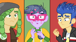 Size: 1280x720 | Tagged: safe, imported from derpibooru, screencap, flash sentry, microchips, sandalwood, human, a banner day, equestria girls, glitter, male, paint, split screen, three sides