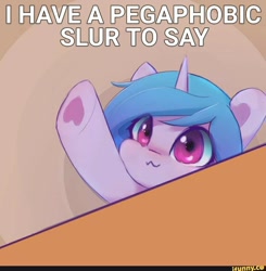 Size: 1054x1074 | Tagged: source needed, useless source url, safe, artist:rainsketch, edit, imported from derpibooru, izzy moonbow, pony, unicorn, :3, better source needed, caption, dissonant caption, female, g5, hoof heart, horn, ifunny, image macro, imminent racism, mare, meme, out of character, pegaphobia, ponified meme, racism, raised hoof, solo, table, text, underhoof
