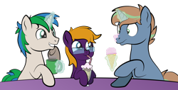 Size: 1920x975 | Tagged: safe, artist:alexdti, imported from derpibooru, oc, oc:brainstorm (alexdti), oc:purple creativity, oc:star logic, pegasus, pony, unicorn, food, ice cream, magic, simple background, transparent background