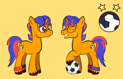 Size: 1920x1247 | Tagged: safe, artist:alexdti, imported from derpibooru, oc, oc only, oc:eden doublestars, pony, unicorn, ball, male, one eye closed, orange background, simple background, solo, stallion, wink