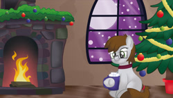 Size: 1920x1081 | Tagged: safe, artist:alexdti, imported from derpibooru, oc, oc only, earth pony, pony, christmas, christmas tree, female, fire, fireplace, food, glasses, holiday, mare, marshmallow, moon, snow, snowfall, solo, tree, window