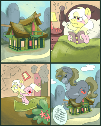 Size: 2000x2500 | Tagged: safe, artist:euspuche, imported from derpibooru, oc, oc:alabaster, oc:carmen garcía, earth pony, unicorn, bed, bedroom, destruction, earth pony oc, female, flower, horn, house, lily (flower), male, mare, reading, running, spanish text, stallion, unicorn oc