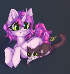 Size: 3018x3181 | Tagged: safe, artist:jsunlight, imported from derpibooru, oc, oc only, cat, pony, unicorn, curved horn, gradient background, horn, lying down, prone, smiling, solo