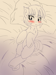 Size: 3350x4450 | Tagged: safe, artist:slurpymisu, imported from derpibooru, oc, oc only, oc:courtney, akaname, monster pony, original species, pony, youkai, bed, bedroom, blushing, female, fluffy, imminent sex, lewd, looking at you, lying down, mare, outline, shy, sketch, surprised