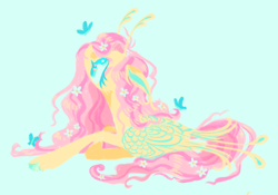 Size: 1280x898 | Tagged: safe, artist:webkinzworldz, imported from derpibooru, fluttershy, butterfly, pegasus, pony, alternate design, antenna, antennae, blue background, colored hooves, female, flower, flower in hair, flower in tail, folded wings, looking at something, looking up, lying down, simple background, solo, tail, wings