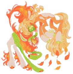 Size: 1280x1314 | Tagged: safe, artist:webkinzworldz, imported from derpibooru, applejack, autumn blaze, earth pony, kirin, pony, alternate design, autumnjack, blushing, duo, female, leaves, lesbian, shipping, simple background, transparent background