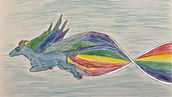 Size: 3134x1763 | Tagged: safe, artist:peacepetal, imported from derpibooru, rainbow dash, pegasus, pony, contrail, female, flying, goggles, hoers, large wings, mare, rainbow trail, rectangular pupil, sky, smiling, solo, spinning, spread wings, tail, tail feathers, traditional art, wings