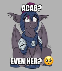 Size: 782x900 | Tagged: safe, artist:reddthebat, imported from derpibooru, oc, oc:selena (reddthebat), bat pony, acab, adventure in the comments, armor, bat pony oc, bat wings, emoji, fangs, female, guardsmare, helmet, mare, meme, night guard, partially open wings, politics, ponified meme, royal guard, sad, signature, sternocleidomastoid, wings