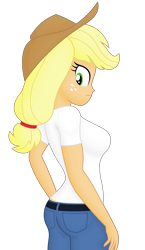 Size: 2163x3742 | Tagged: safe, artist:ah96, editor:ah96, imported from derpibooru, applejack, human, equestria girls, applejack's hat, blue jeans, breasts, busty applejack, clothes, cowboy hat, female, freckles, frown, hat, high res, looking at you, looking back, looking back at you, ms paint, pants, shading, simple background, solo, three quarter view, transparent background