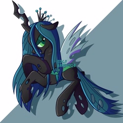 Size: 3000x3000 | Tagged: safe, artist:edgyanimator, derpibooru exclusive, imported from derpibooru, part of a set, queen chrysalis, changeling, changeling queen, >:d, black coat, cel shading, chibi, colored lineart, crown, digital art, drop shadow, ears back, evil, evil grin, evil smirk, eyebrows, eyebrows down, eyelashes, eyeshadow, fangs, female, firealpaca, floppy ears, full body, green background, green eyes, green eyeshadow, green hair, green mane, green tail, grin, hair, highlights, holes, horn, insect wings, jewelry, long hair, long legs, long tail, looking sideways, looking to the right, makeup, mare, open mouth, open smile, profile, quadrupedal, queen, raised hoof, raised hooves, regalia, shading, shadow, sharp teeth, sideview, signature, simple background, simple shading, smiling, solo, spread wings, tail, teeth, wall of tags, wings