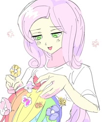 Size: 843x1001 | Tagged: safe, artist:ceitama, imported from derpibooru, fluttershy, rainbow dash, human, equestria girls, female, flower, flower in hair, flutterdash, lesbian, shipping, simple background, white background