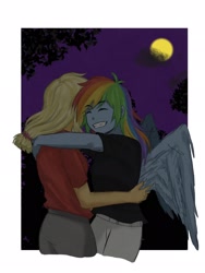 Size: 1536x2048 | Tagged: safe, artist:mintkw, imported from derpibooru, applejack, rainbow dash, human, appledash, duo, female, hug, humanized, lesbian, moon, night, shipping, winged humanization, wings