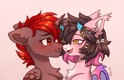 Size: 2655x1719 | Tagged: safe, artist:konejo, imported from derpibooru, oc, oc:hardy, oc:key mash, alicorn, bat pony, pony, blushing, boop, chest fluff, ear fluff, female, looking at each other, looking at someone, male, mare, noseboop, oc x oc, shipping, smiling, stallion, straight