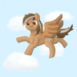 Size: 2048x2048 | Tagged: safe, artist:zugatti69, imported from derpibooru, oc, oc only, pegasus, pony, blue background, brown eyes, brown hair, brown mane, colored wings, concave belly, flying, signature, simple background, smiling, two toned mane, two toned wings, wings