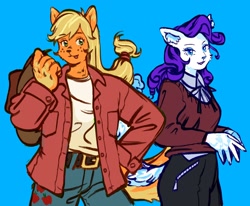 Size: 2222x1830 | Tagged: safe, artist:f1sh1es, imported from derpibooru, applejack, rarity, anthro, cat, :p, applecat, blue background, catified, clothes, denim, duo, jacket, jeans, pants, raricat, simple background, skirt, smiling, species swap, tongue out