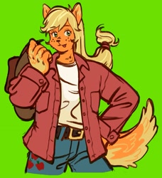 Size: 1719x1881 | Tagged: safe, artist:f1sh1es, imported from derpibooru, applejack, anthro, cat, :p, applecat, catified, clothes, denim, green background, jacket, jeans, pants, simple background, solo, species swap, tongue out