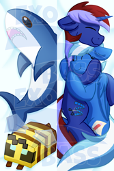 Size: 6330x9449 | Tagged: safe, artist:exobass, imported from derpibooru, oc, bee, insect, pegasus, pony, shark, unicorn, blåhaj, body pillow, body pillow design, cuddling, duo, eyes closed, minecaft bee, minecraft, obtrusive watermark, plushie, shark plushie, watermark