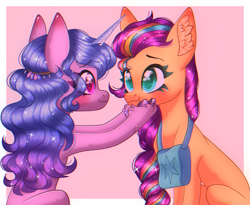 Size: 2097x1718 | Tagged: safe, artist:ssoftwishess, idw, imported from derpibooru, izzy moonbow, sunny starscout, earth pony, pony, unicorn, spoiler:comic, spoiler:g5comic, bag, blushing, bracelet, cloven hooves, duo, ear fluff, eye clipping through hair, eyebrows, eyebrows visible through hair, female, friendship bracelet, g5, heart, heart eyes, jewelry, looking at each other, looking at someone, mane stripe sunny, mare, pink background, saddle bag, scene interpretation, shiny, shipping fuel, simple background, smiling, sparkles, wingding eyes