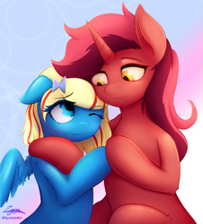 Size: 1147x1268 | Tagged: safe, artist:zyncrus, imported from derpibooru, oc, oc only, oc:pure red, oc:voltage dash, pegasus, unicorn, cuddling, simple background