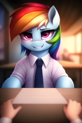 Size: 2048x3072 | Tagged: safe, imported from derpibooru, rainbow dash, human, pegasus, pony, ai content, ai generated, blurry background, clothes, cute, female, female focus, generator:novelai, generator:stable diffusion, high res, indoors, interview, looking at you, mare, necktie, offscreen character, offscreen human, paper, pov, prompter:endless--, shirt, sitting, smiling, smiling at you, solo focus, table