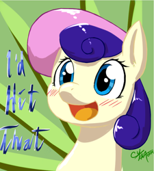 Size: 744x825 | Tagged: safe, artist:cybermananon, imported from derpibooru, bon bon, sweetie drops, earth pony, pony, 2014, blush lines, blushing, bust, female, g4, i'd fuck it, mare, open mouth, open smile, portrait, signature, smiling