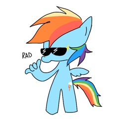 Size: 534x526 | Tagged: safe, artist:_renverie, imported from derpibooru, rainbow dash, pony, semi-anthro, bipedal, glasses, rad, simple background, solo, stylistic suck, sunglasses, white background, wings