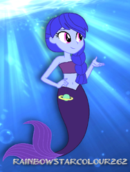 Size: 768x1024 | Tagged: safe, artist:rainbowstarcolour262, imported from derpibooru, space camp, human, mermaid, equestria girls, bare shoulders, belly button, braid, bubble, crepuscular rays, female, fish tail, hand on hip, mermaid tail, mermaidized, ocean, solo, species swap, strapless bra, sunlight, swimming, tail, underwater, water