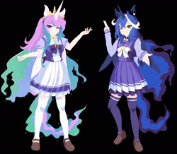 Size: 2190x1914 | Tagged: safe, artist:寄了, imported from derpibooru, princess celestia, princess luna, alicorn, human, anime, black background, clothes, crossover, duo, duo female, eared humanization, female, horn, horned humanization, humanized, royal sisters, siblings, simple background, sisters, socks, thigh highs, thigh socks, tracen school uniform, uma musume pretty derby