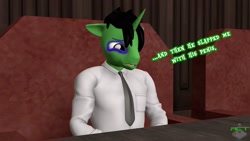 Size: 1920x1080 | Tagged: safe, artist:ray cyber tech, imported from derpibooru, oc, oc:ray cyber tech, anthro, unicorn, 3d, black eye, button-up shirt, clothes, commission, courtroom, dialogue, dress shirt, male, meme, necktie, shirt, sitting, solo, source filmmaker, the fesh pince of blair 2