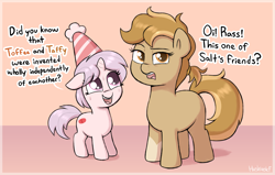 Size: 2885x1830 | Tagged: safe, artist:heretichesh, imported from derpibooru, oc, oc:peanut toffy, oc:red pill, pony, birthday hats, british, facts, female, filly, foal, looking offscreen, nervous, offscreen character, sweat