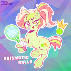 Size: 3000x3000 | Tagged: safe, artist:seasemissary, imported from derpibooru, oc, oc:prismatic rally, pony, unicorn, ball, female, mare, quadrupedal, solo, tennis ball, tennis racket