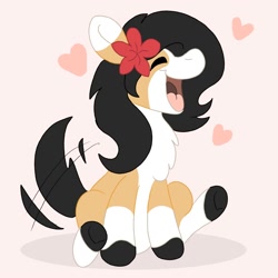 Size: 2000x2000 | Tagged: safe, artist:euspuche, imported from derpibooru, oc, oc only, oc:liliya krasnyy, earth pony, pony, eyes closed, flower, flower in hair, happy, open mouth, simple background, smiling, solo, tail, tail wag