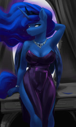 Size: 771x1280 | Tagged: safe, alternate version, artist:kelkessel, imported from derpibooru, princess luna, alicorn, anthro, arm behind head, breasts, cleavage, clothes, desk, dress, ears, ethereal mane, eyebrows, eyelashes, feather, feathered wings, galaxy mane, horn, jewelry, legs together, lidded eyes, long hair, long horn, necklace, nostrils, pegasus wings, sitting, snout, solo, tiara, unicorn horn, wings