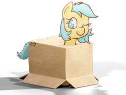 Size: 1432x1082 | Tagged: safe, artist:xppp1n, imported from ponybooru, oc, oc:boxfilly, pegasus, pony, blender, blender cycles, box, female, filly, foal, looking at something, one eye closed, simple background, smiling, solo, transparent background