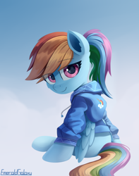 Size: 1500x1900 | Tagged: safe, artist:emeraldgalaxy, imported from twibooru, rainbow dash, pegasus, pony, alternate hairstyle, clothes, cute, dashabetes, eye clipping through hair, eyebrows, eyebrows visible through hair, female, hoodie, image, looking at you, mare, png, ponytail, sitting, smiling, smiling at you, solo