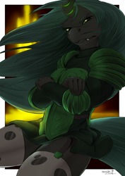 Size: 2894x4093 | Tagged: safe, artist:brushart, imported from twibooru, queen chrysalis, anthro, changeling, changeling queen, armor, arms folded, breasts, clothes, dress, fangs, female, frown, image, lava, long mane, looking at you, png, pose, socks, solo, thigh highs